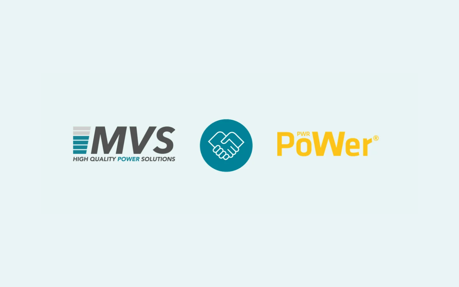 MVS och PWR Power inleder samarbete — logotyper för MVS High Quality Power Solutions och PWR Power med handslagsikon