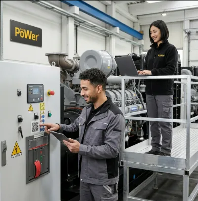 Två PWR Power-tekniker programmerar öppet styrsystem och kopplar upp fjärrövervakning