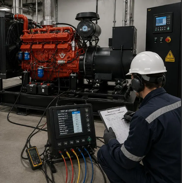 Tekniker utför kapacitetsprov på dieselgenerator med mätutrustning — PWR Power