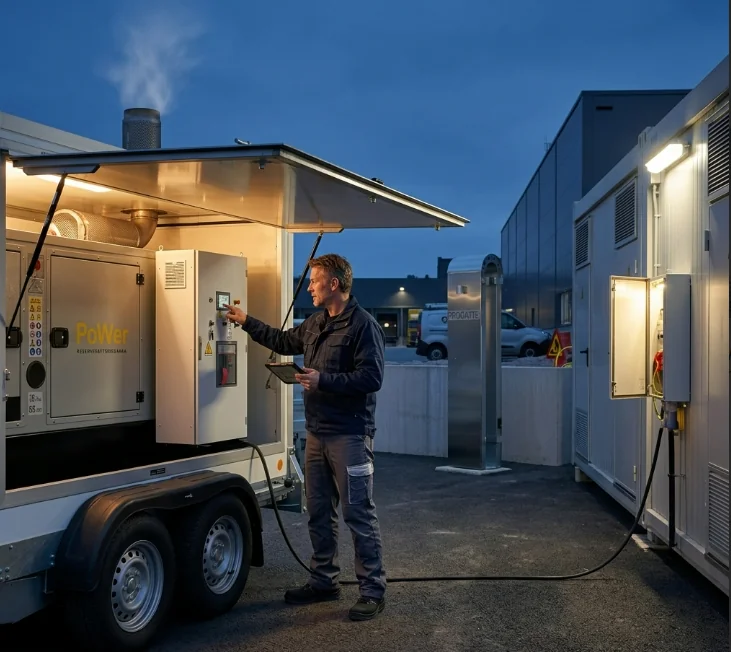 Tekniker från PWR Power arbetar med ett mobilt elverk i skymningen