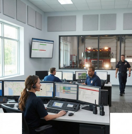 Räddningstjänstens ledningscentral med operatörer vid skärmar och brandbil synlig genom fönstret bakom dem.